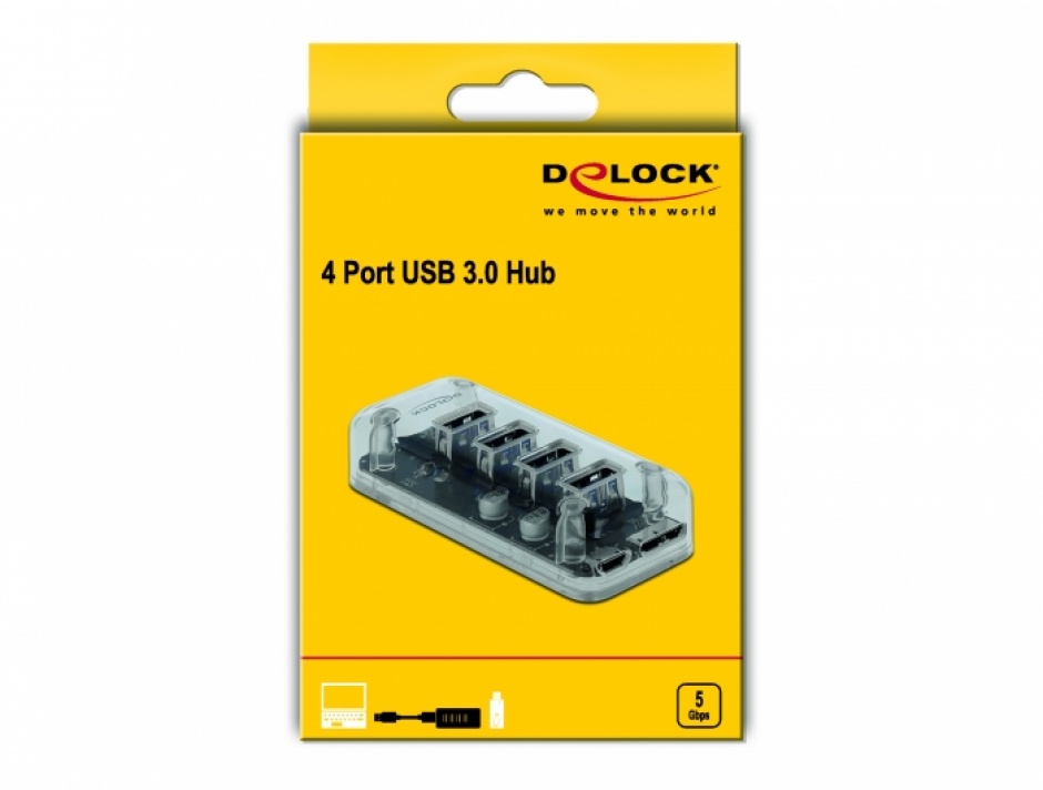 Imagine HUB cu 4 x USB 3.0-A alimentare USB Transparent, Delock 64087